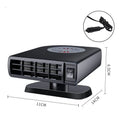 Black 12V vehicle-mounted defroster heater with adjustable vents on a car dashboard.