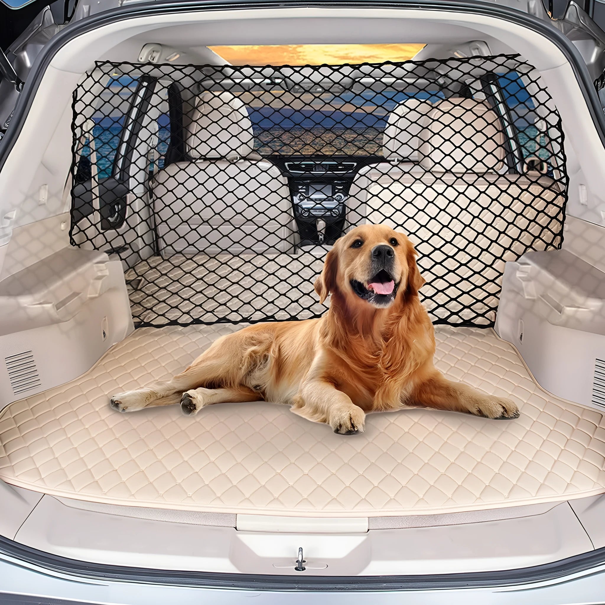 Black mesh dog protective net for car boot, 120cm by 70cm, on white background