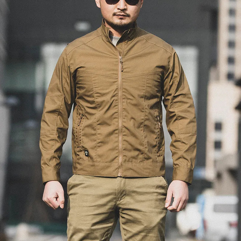 Men's tactical camouflage plaid coat jacket with multiple pockets on a mannequin.