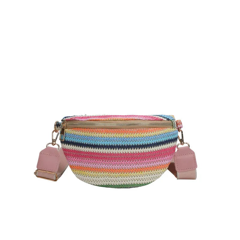Straw woven beach bag with single shoulder strap and internal zipper compartment