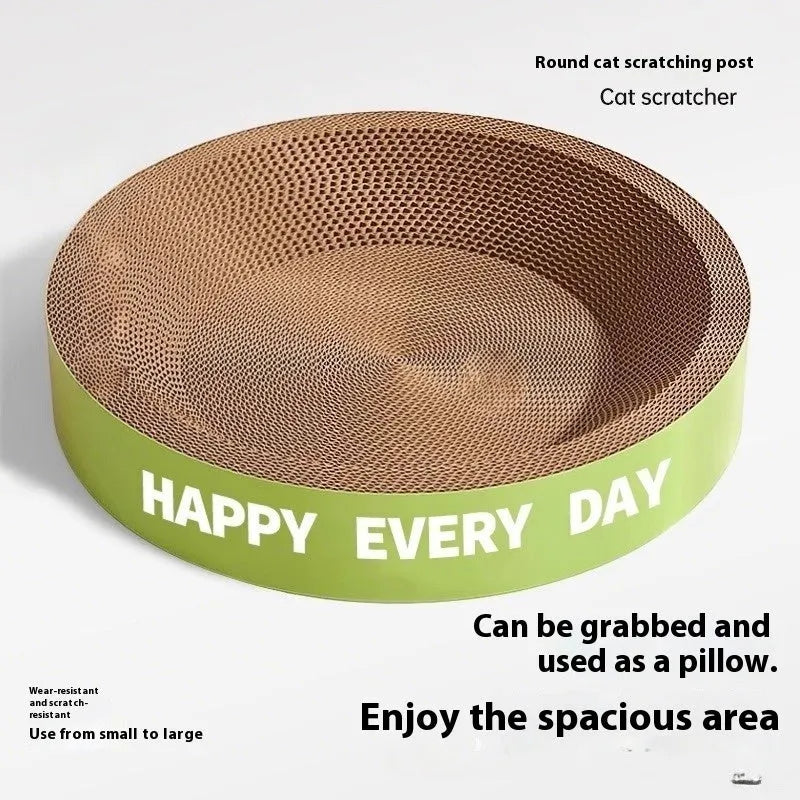 Green round cat scratching board nest showing integrated scratching surface