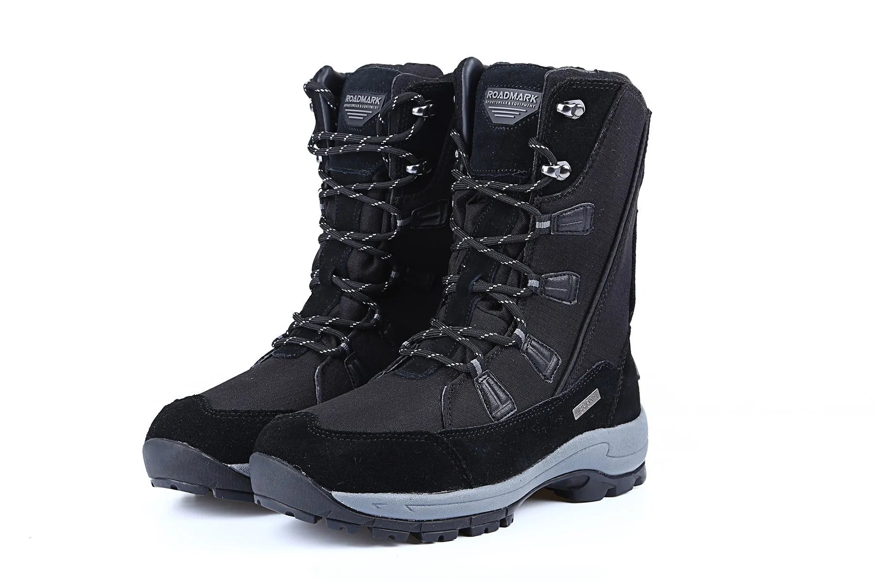 Black women's mid-calf leather snow boots with a round toe and thick rubber sole on a white background.