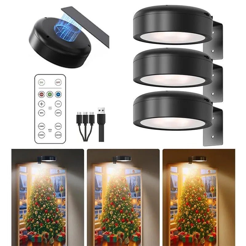 Wireless magnetic LED painting light in black, mounted on wall with remote control.