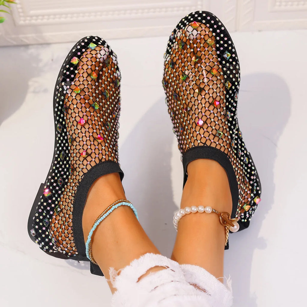 Women's mesh flat sandals with colourful rhinestone decoration on round toe design