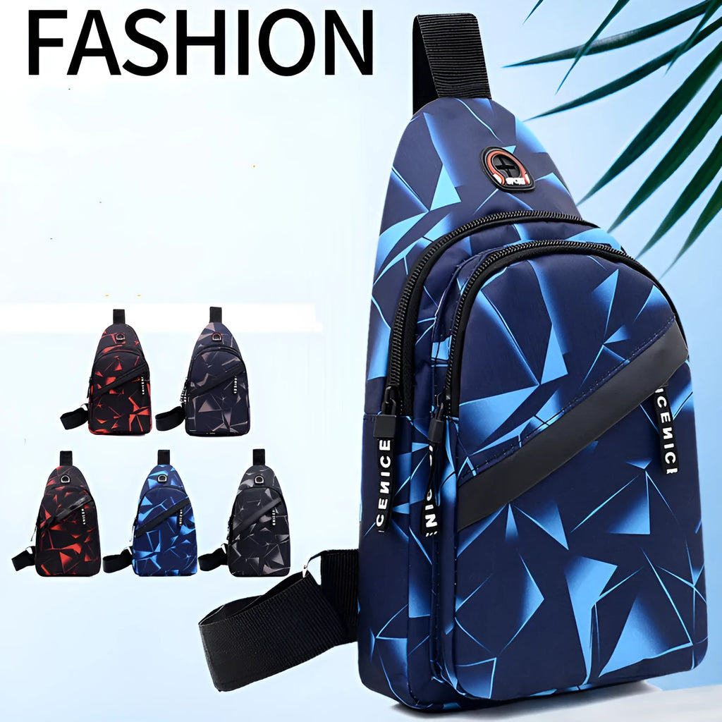 Men's blue print sling chest bag with earphone hole, shown worn crossbody.