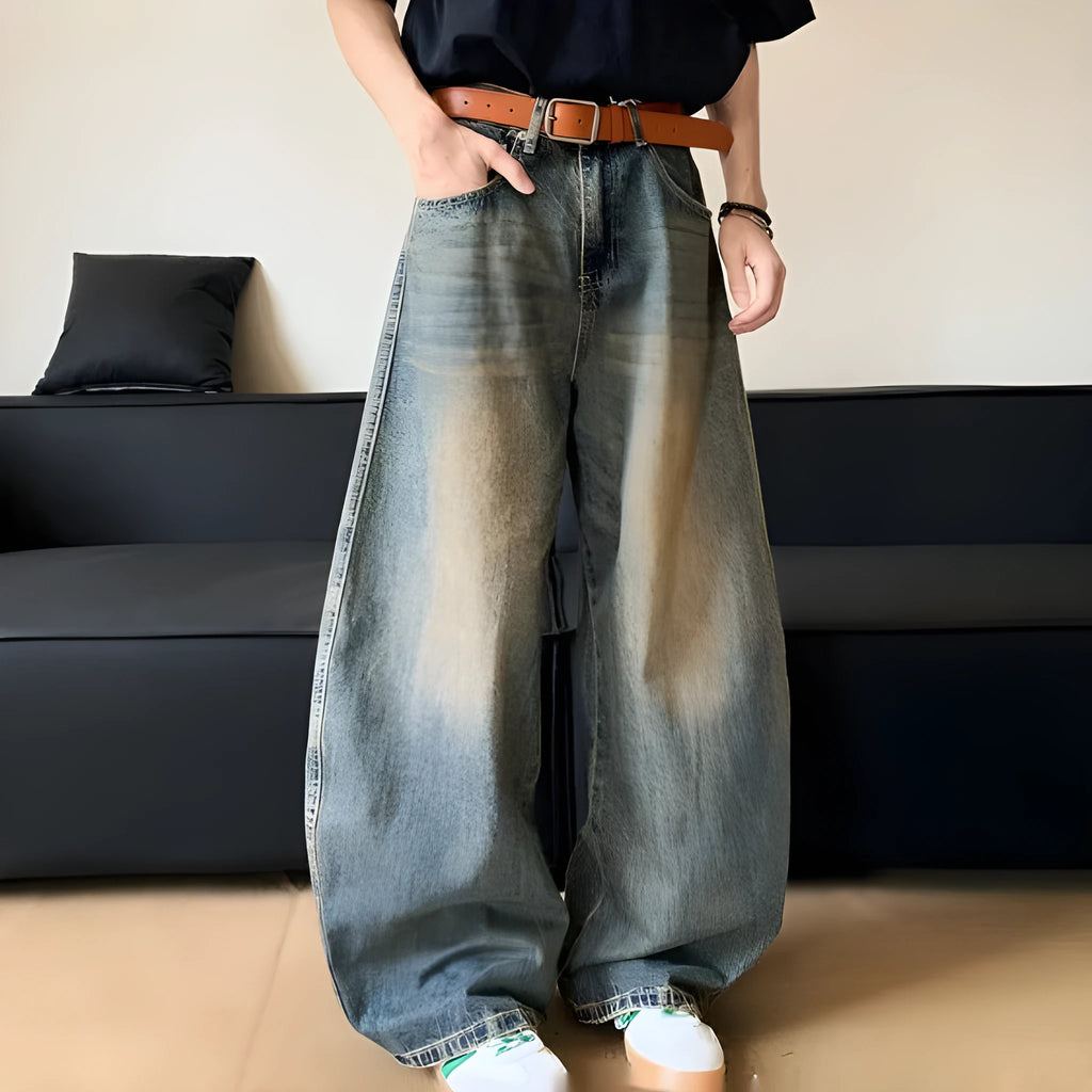 Men's retro blue distressed denim wide-leg trousers with slimming fit and mid-rise waist