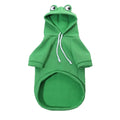 Green frog costume hoodie worn by a small dog, showing soft fabric and hood.