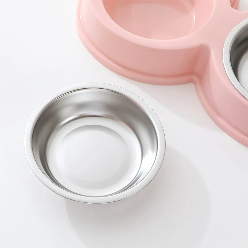 Pet double bowl feeding station with stainless steel frog bowl insert in blue, green, or pink colour options