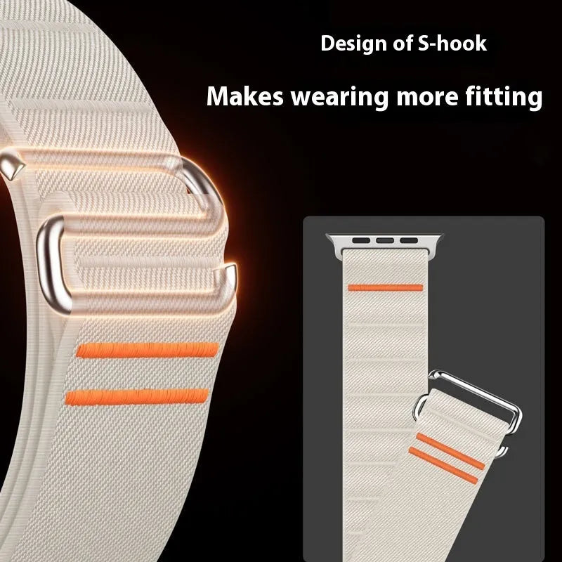 Elastic nylon Apple Watch replacement strap with stainless steel buckle shown in multiple colour options