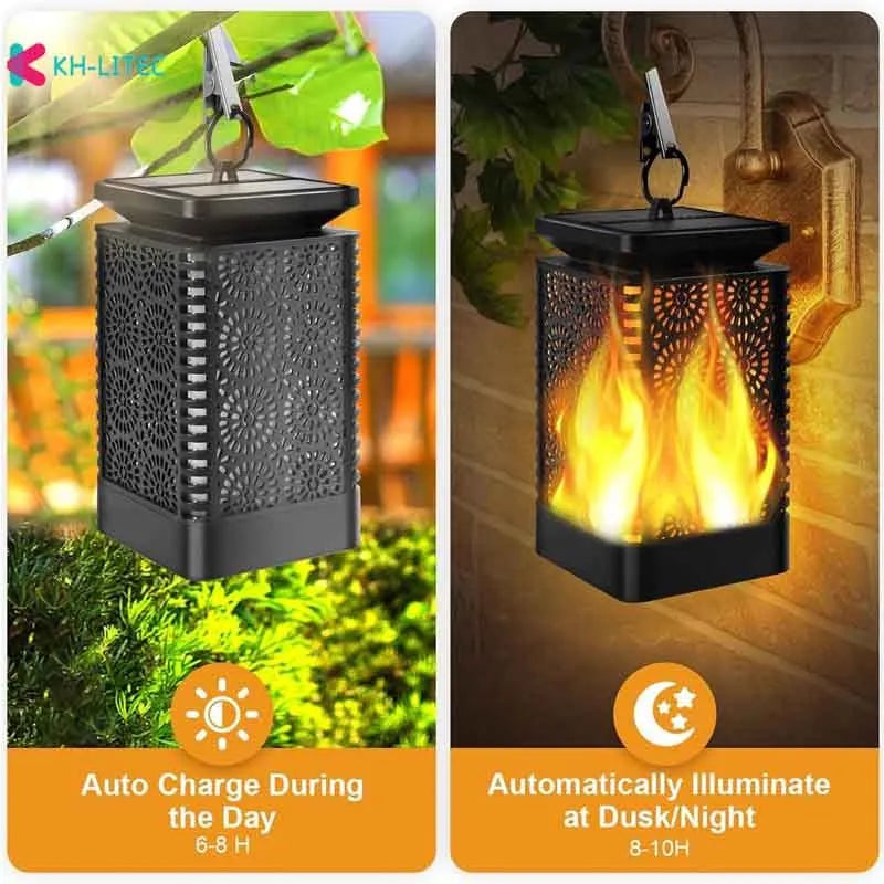 Black solar hanging flame torch light with flickering LED effect for outdoor garden decoration