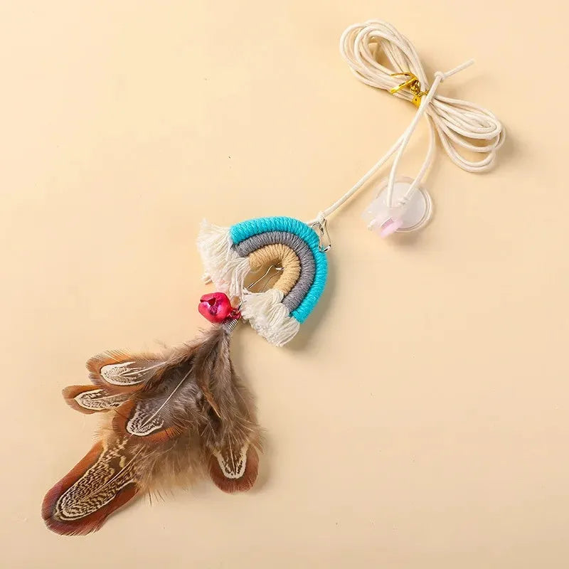 Feather cat rope door swing elastic cat teasing stick toy with sticky buckle clamp in blue, green and pink colours