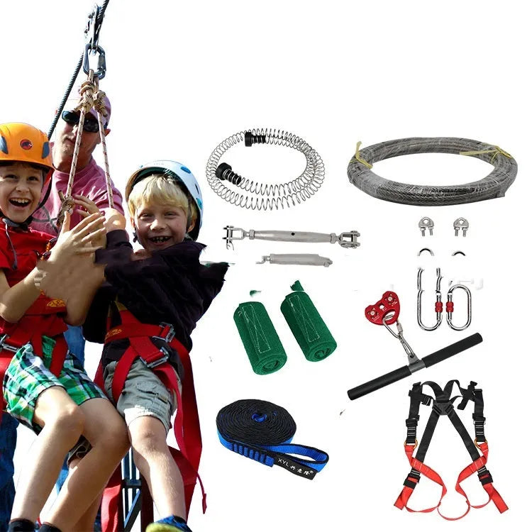 Children's 10 metre pulley rope slide kit with alloy steel pulleys, safety harness, and tree protection