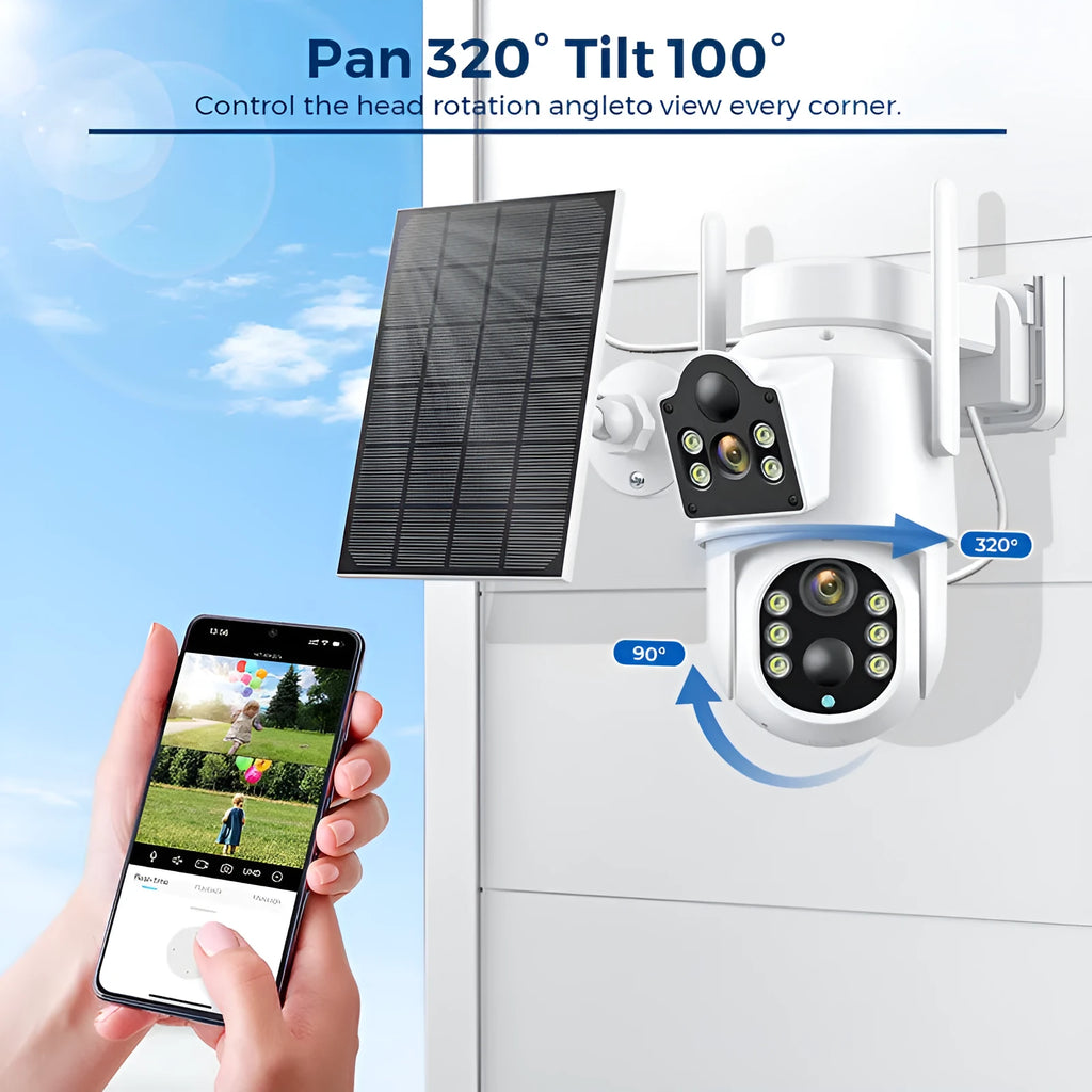 White outdoor solar-powered wireless wifi security camera with attached solar panel on a wall.