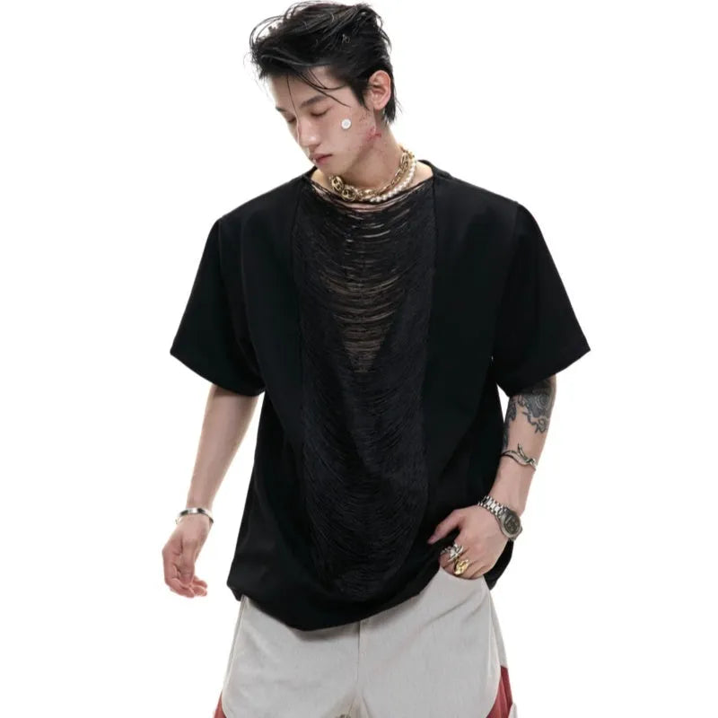 Men's black polyester T-shirt with hollow out V-neck and tassel details in loose fit style