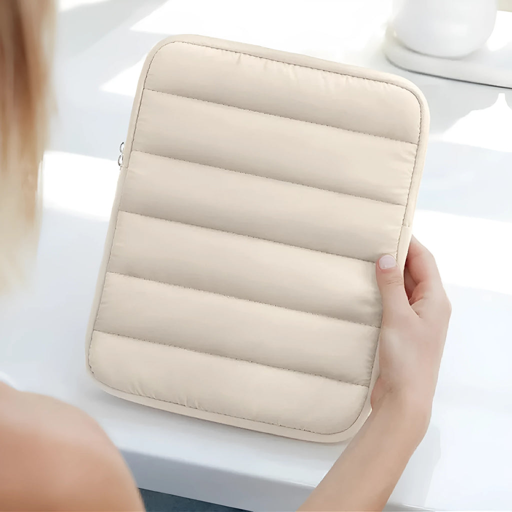 Fluffy laptop sleeve for 9.7-11 inch devices with elastic sides and waterproof lining in black, khaki, or silver