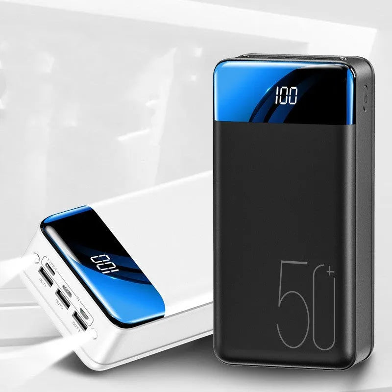 Large black 50000mAh power bank with three USB output ports showing dimensions 169x83x52mm
