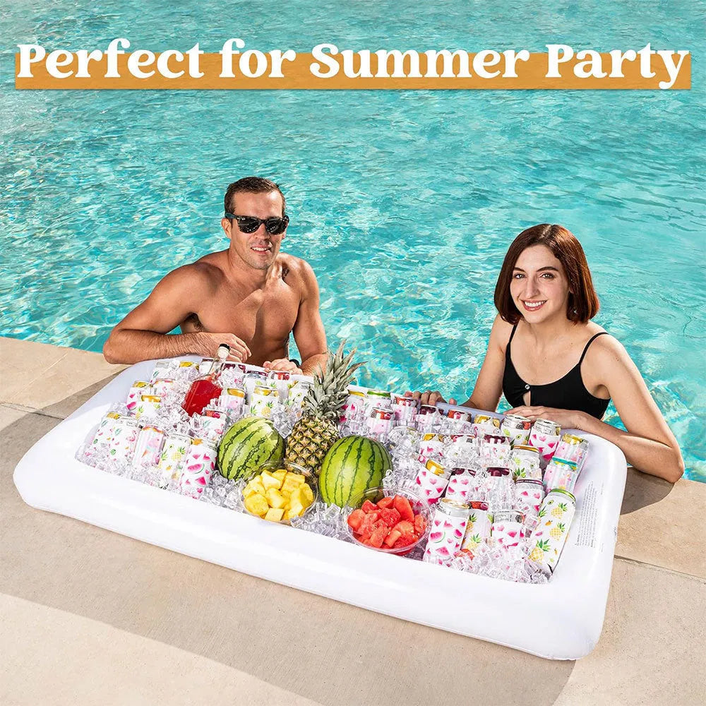 Inflatable PVC ice bar set for parties with yellow beer bucket and silver grey cup holders.