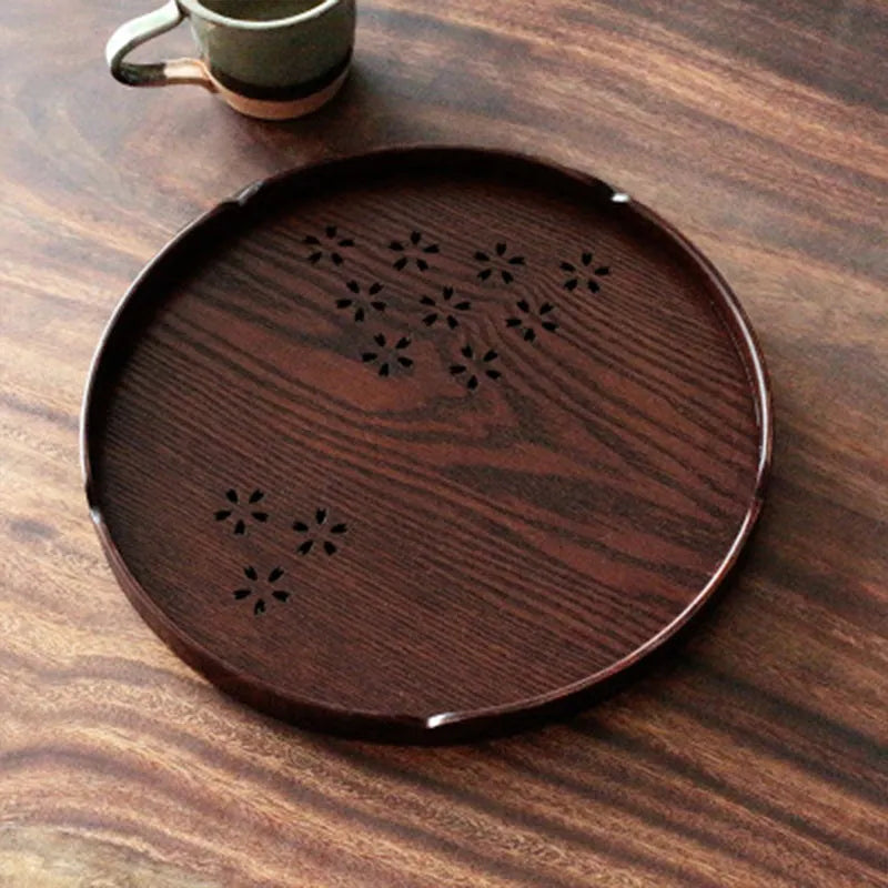 Wooden shallow plate with hollow cherry blossom pattern, 30cm diameter serving dish
