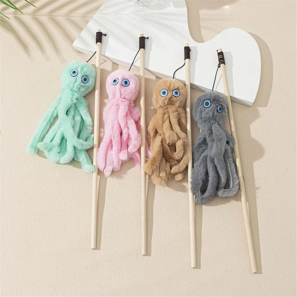 Octopus-themed furry cat toy with realistic eyes on 40cm flexible stick in pink colour