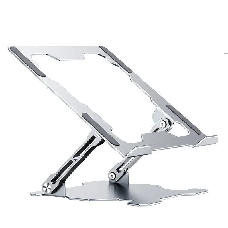 Grey aluminium alloy laptop stand showing adjustable angle mechanism and hollow heat dissipation design