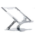 Grey aluminium alloy laptop stand showing adjustable angle mechanism and hollow heat dissipation design