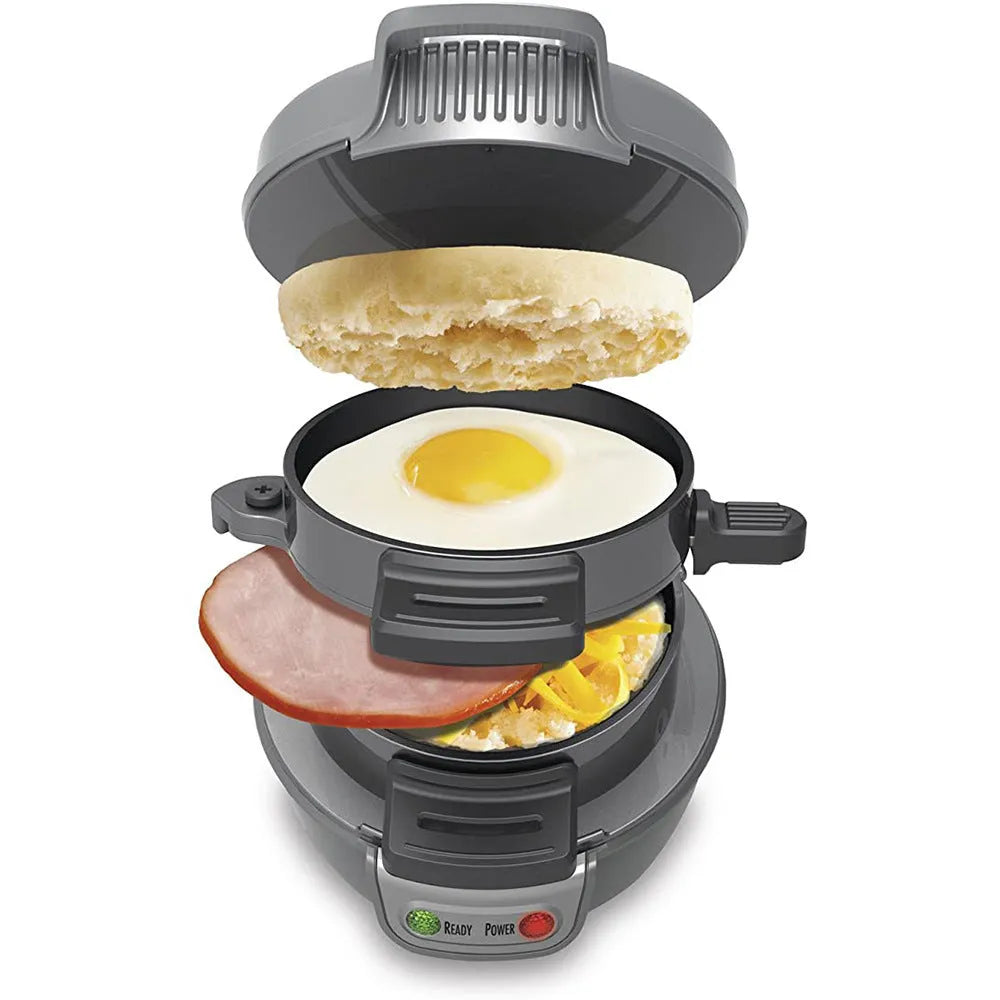 Bright red breakfast machine sandwich maker with egg cooker ring and mechanical controls