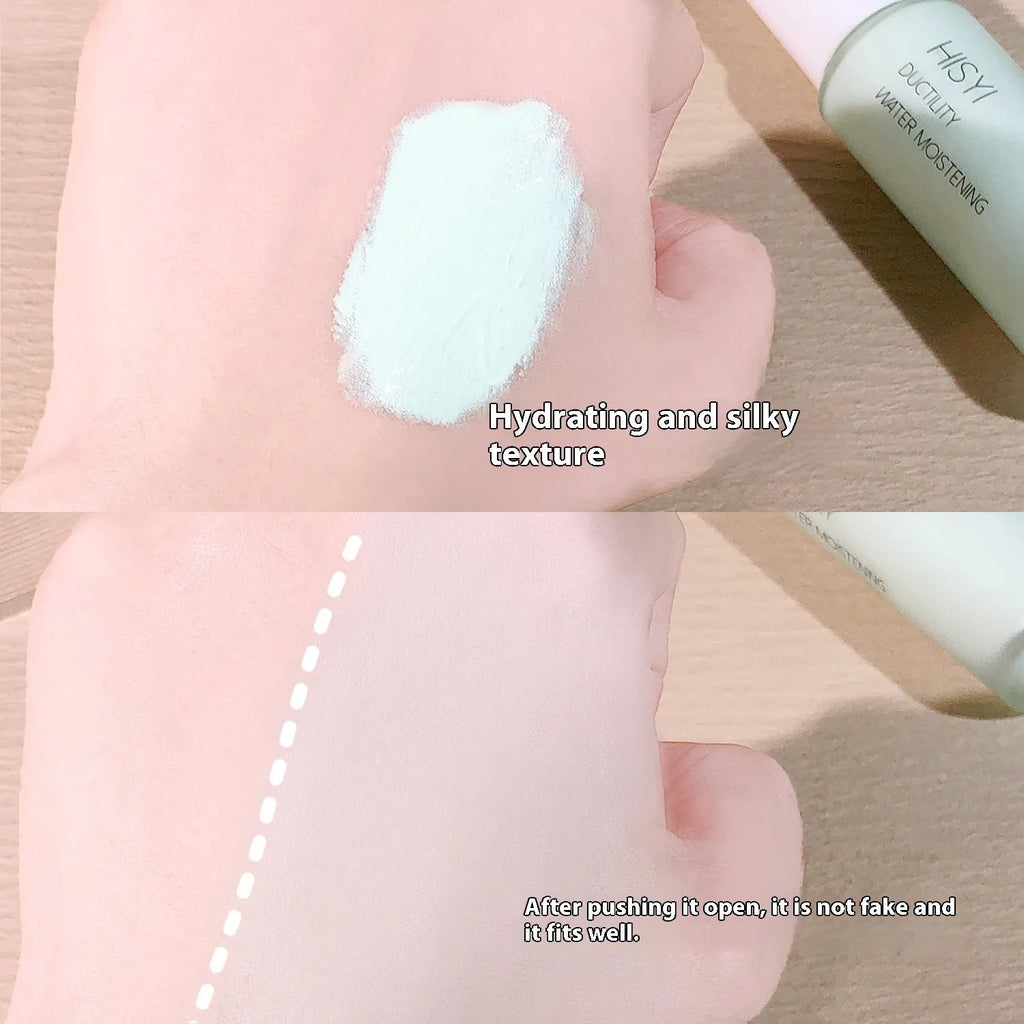 HISYI Silky Clear Makeup Primer tube showing brightening gel formula with three shade options 01, 02, 03