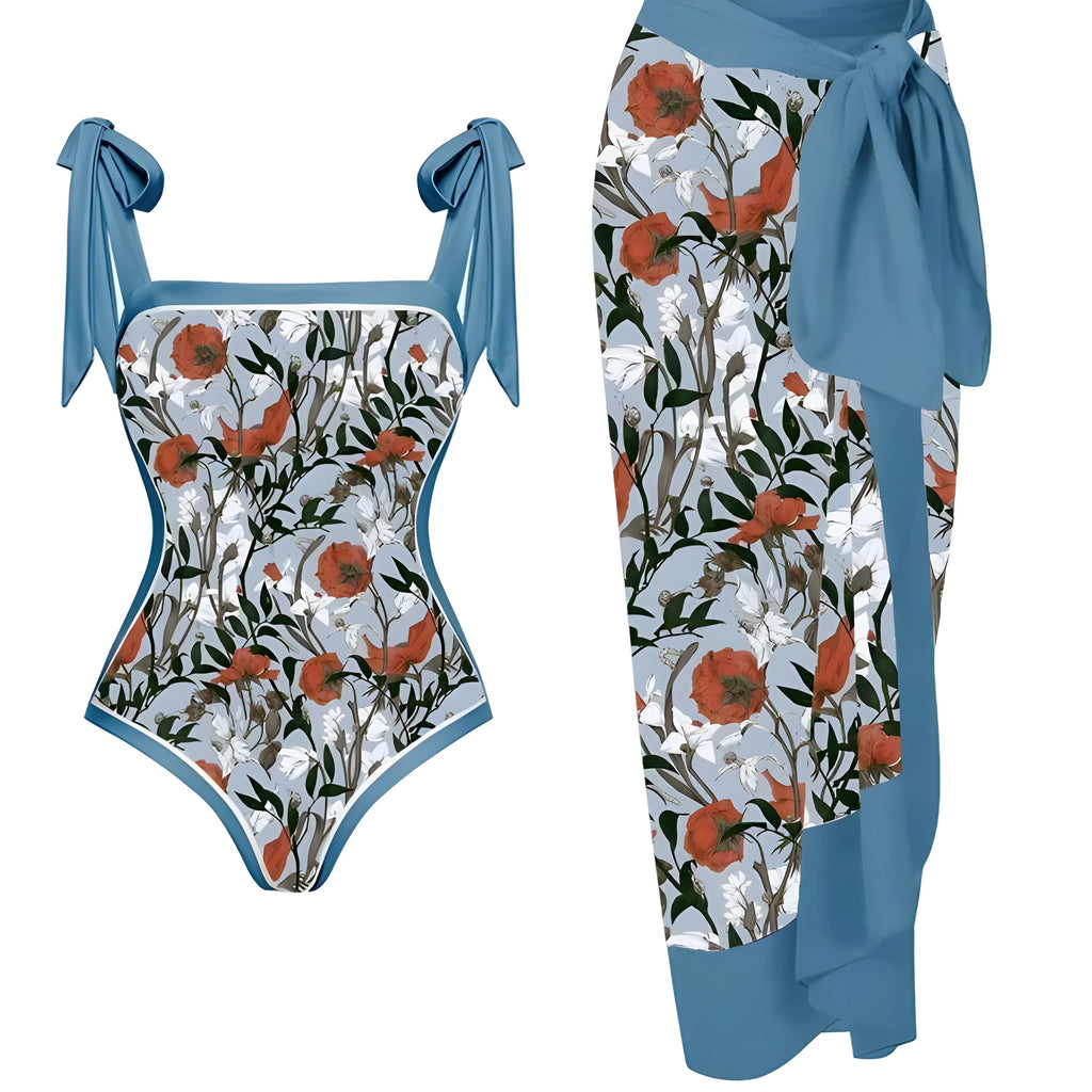 Women's two-piece floral printed swimsuit with matching chiffon-style hip skirt for modest swimming coverage