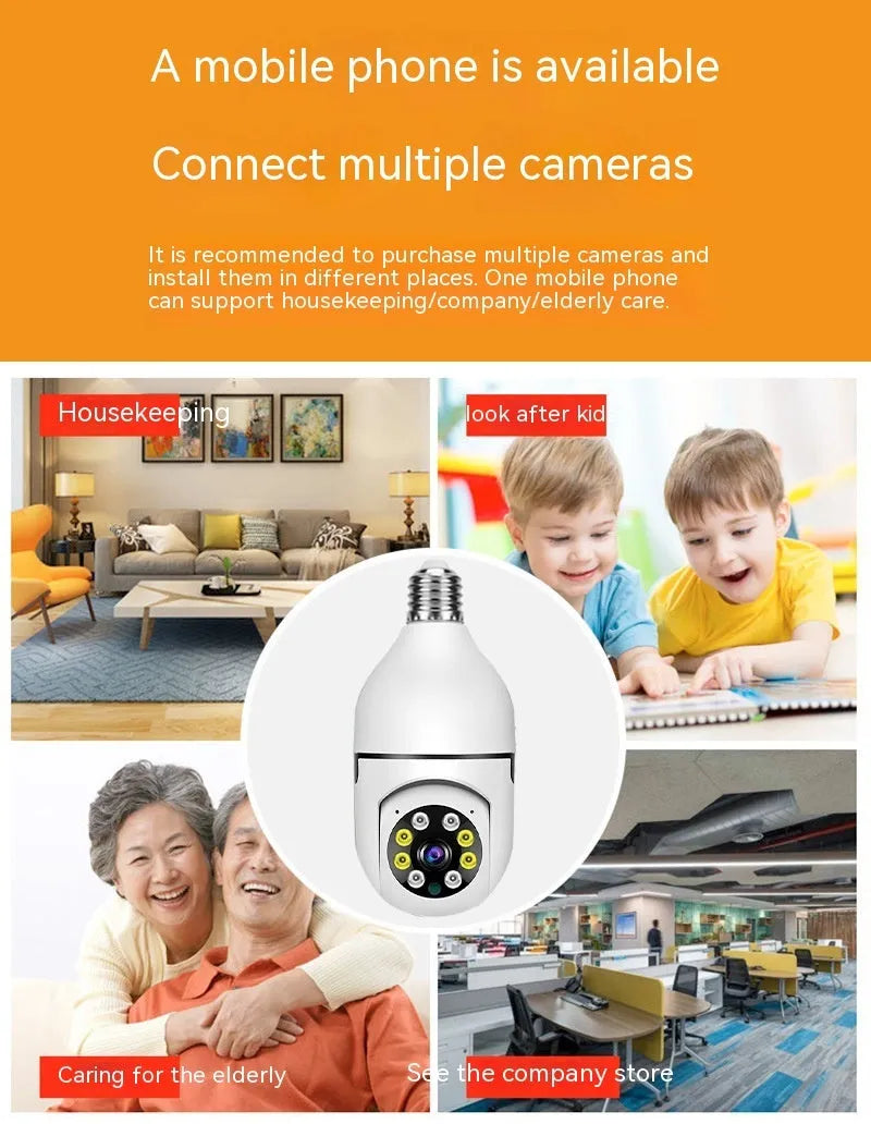 Wireless WiFi bulb security camera showing compact 5cm diameter design with plastic and metal housing