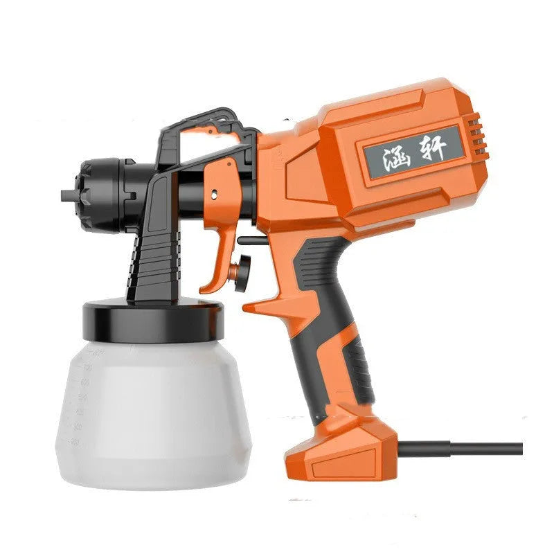 Electric watering can spray gun with plastic body and split aluminium pot on a table