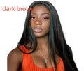 A woman wearing a long straight black synthetic wig with a centre-parted fringe.