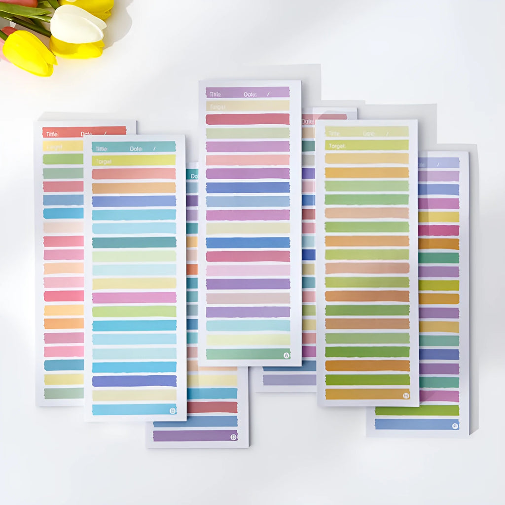 Cartoon plastic sticky note notepad showing colourful striped and bunny or bear character covers, size 90mm by 248mm