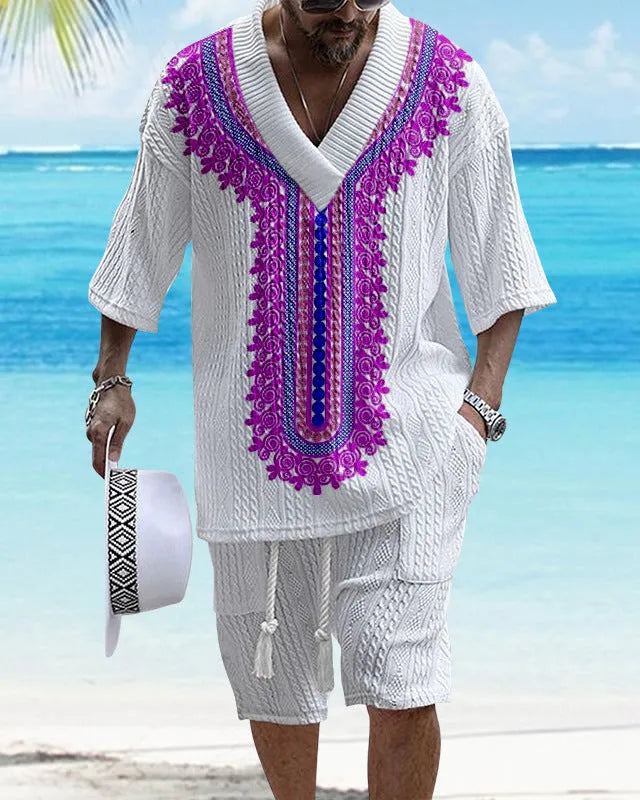 Men's printed drop shoulder knitted shorts suit in chemical fibre blend fabric