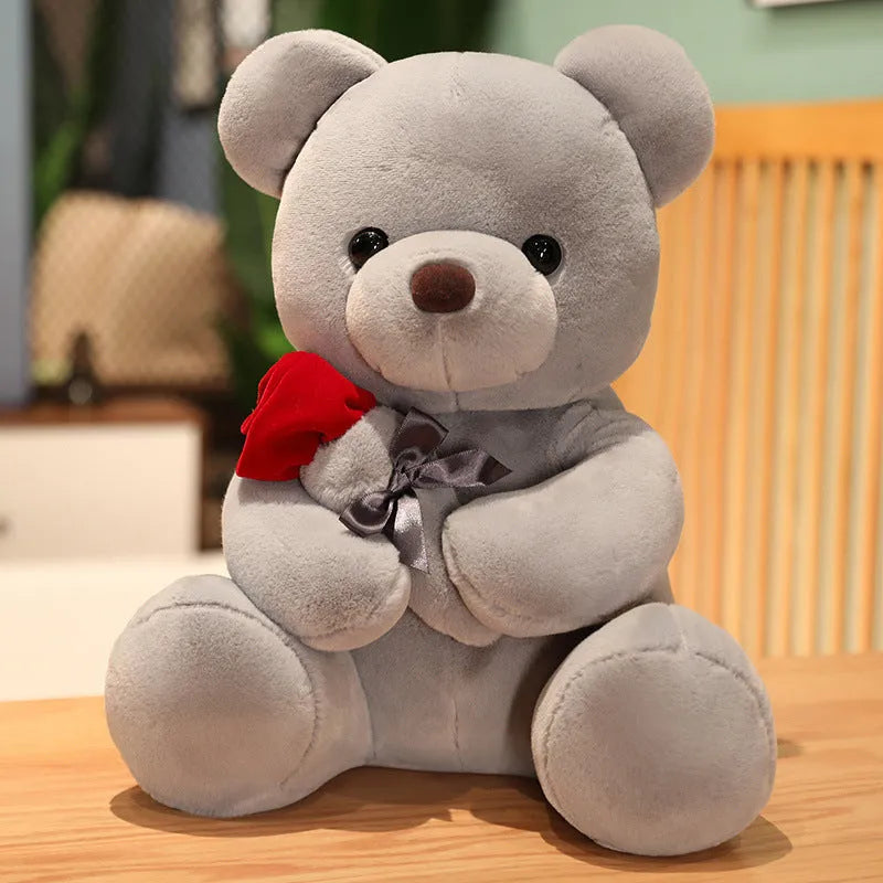 Rose teddy bear plush pillow stuffed animal doll in beige, brown or grey colours, shown in 23cm to 45cm sizes.