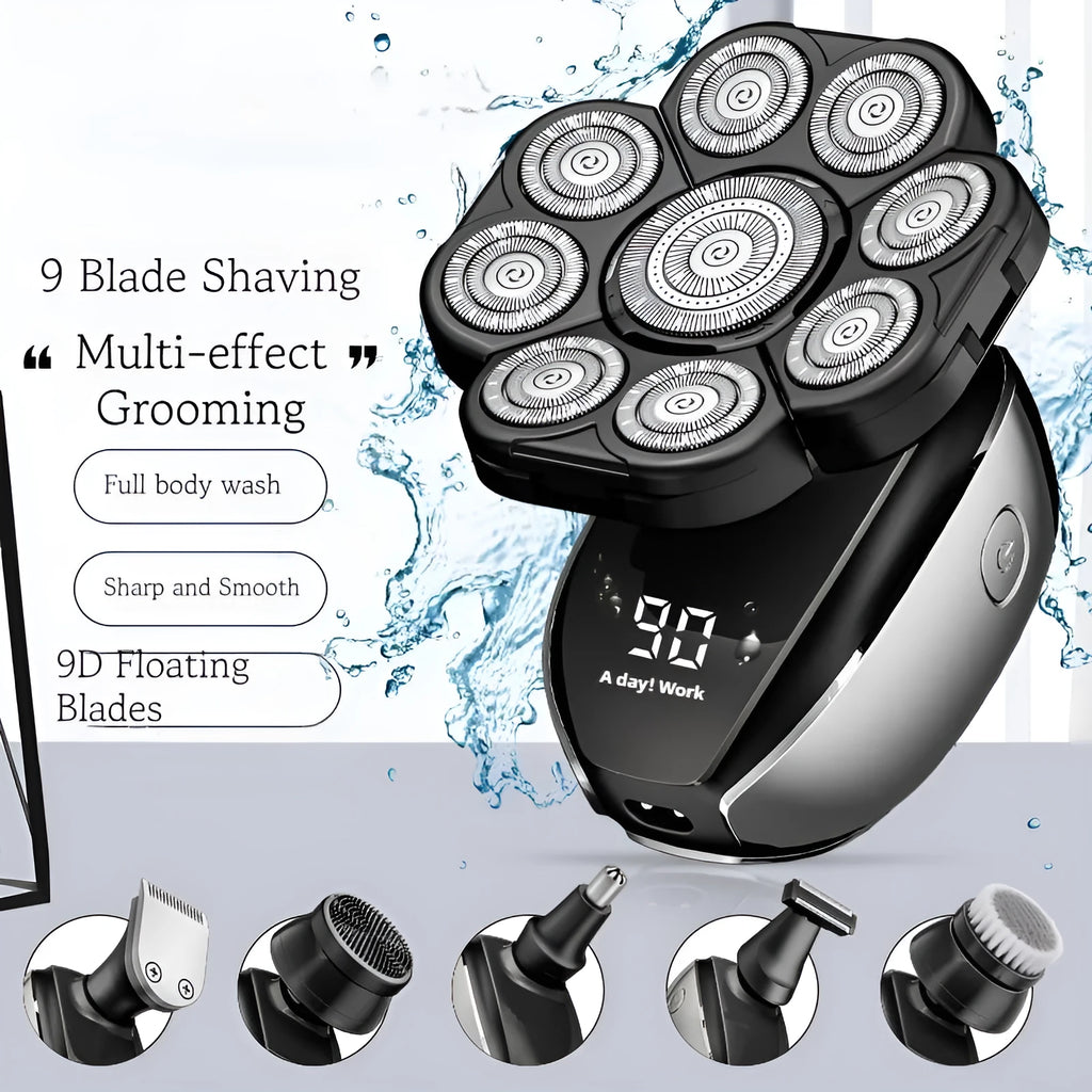 Black rechargeable 6-in-1 hair clippers and shaver kit with multiple grooming attachments
