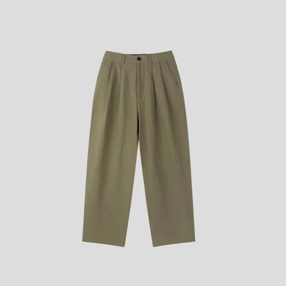 Men's loose wide-leg cotton linen trousers in apricot, army green, and purplish blue colours with Korean style
