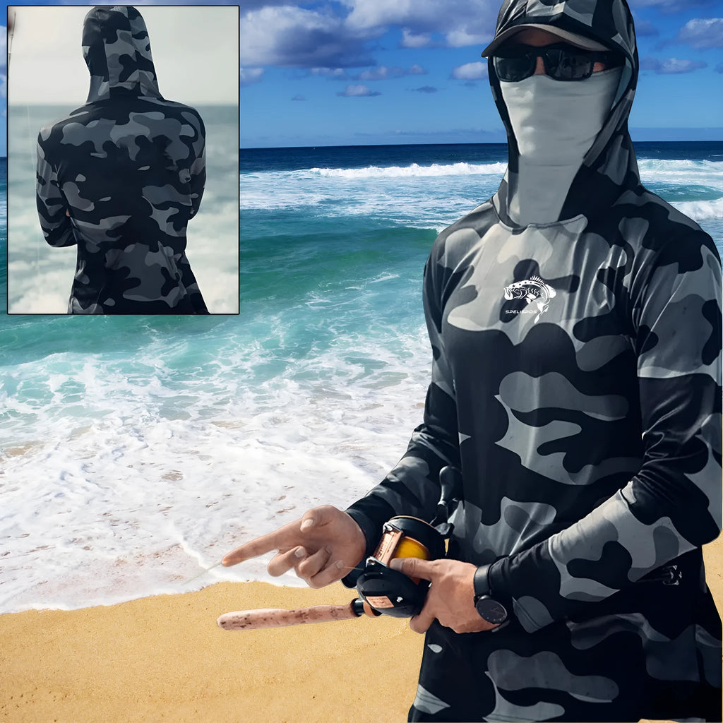 Men's grey long sleeve fishing hoodie shirt with integrated face mask and mesh side panels.