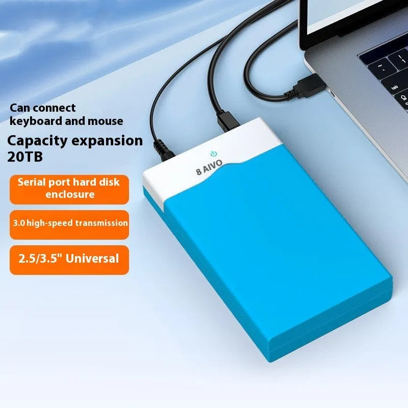 3.5 inch SATA to USB 3.0 hard disk enclosure in black and silver colour with power supply and data cable.