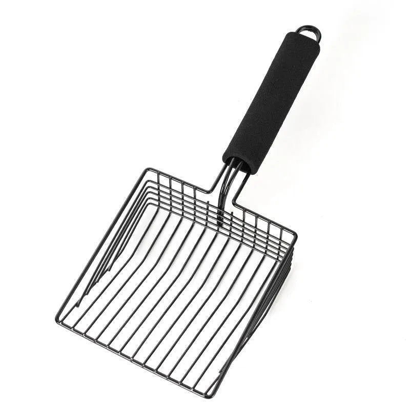 Black metal cat litter scoop with narrow tines for sifting clumping cat litter.