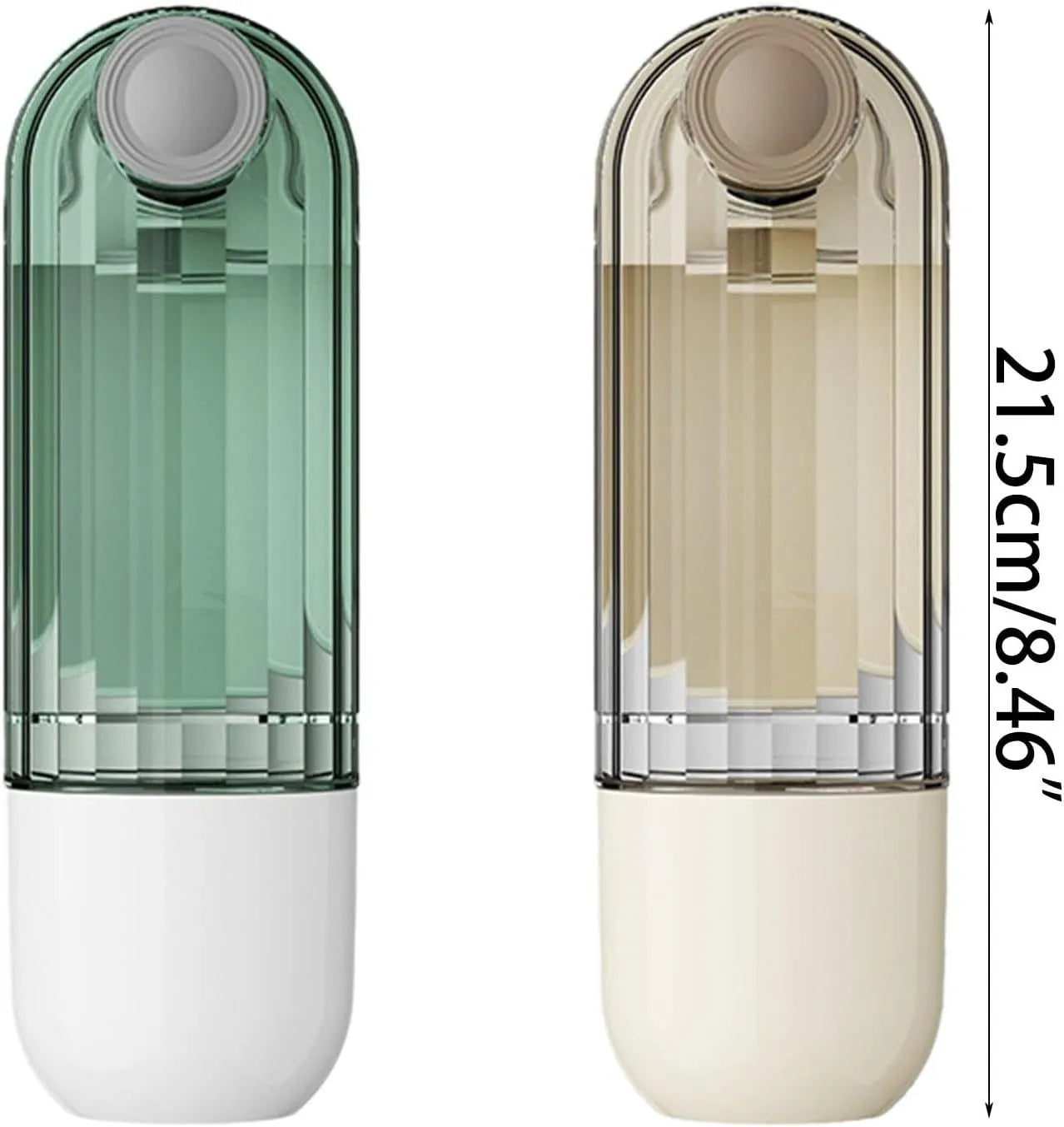 Beige and green foldable dog water bottle with food dispenser base for outdoor walking and travel.