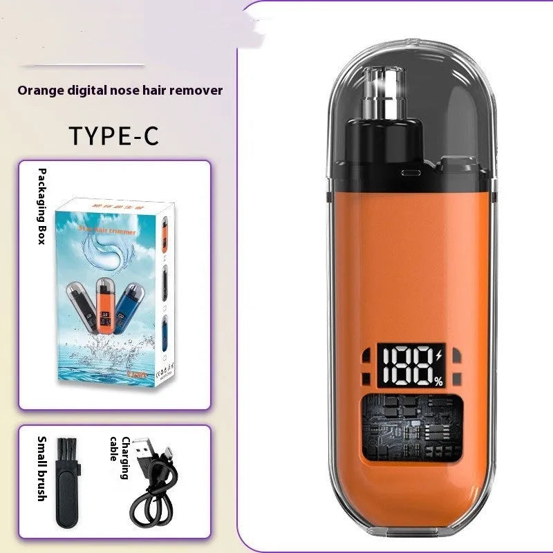Rechargeable nose hair trimmer with removable stainless steel cutter head and digital display.