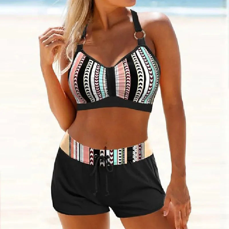Women's navy blue and floral print two-piece polyester swimsuit bikini set for hot springs.