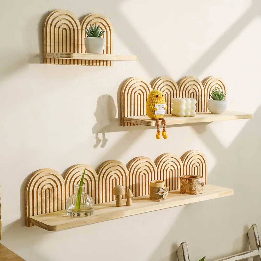 Solid wood wall storage rack with multiple layers for flower pot display organisation