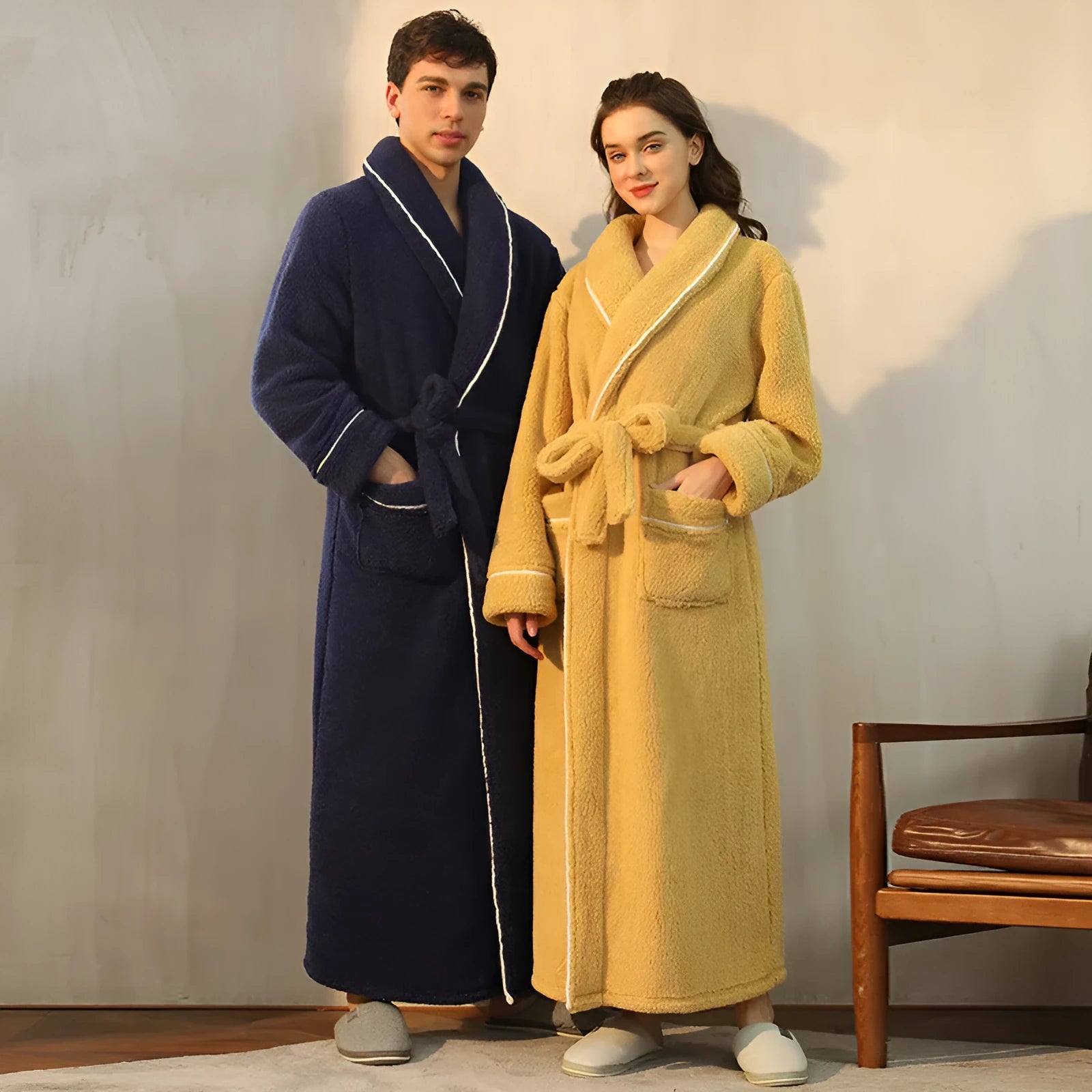 Winter bathrobe in thick polyester flannel fabric showing colour options and plus size fit for cold weather sleepwear