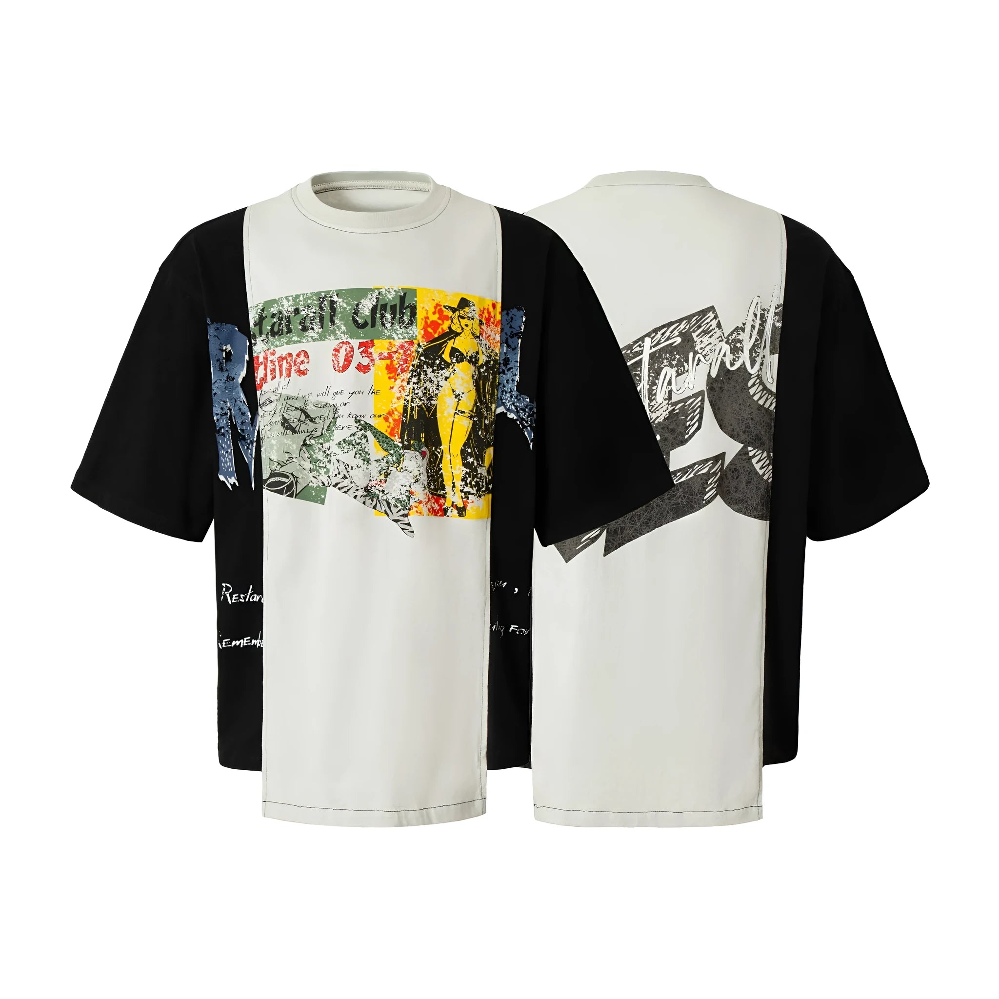 Black and white broken collage print on a loose-fit cotton blend short sleeve T-shirt.