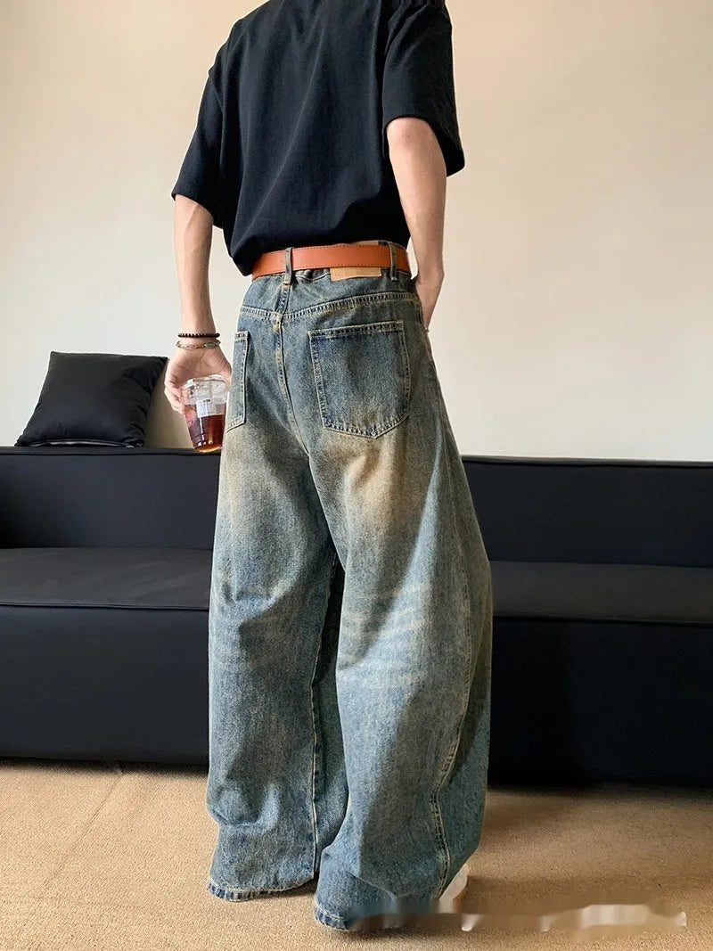 Men's retro blue distressed denim wide-leg trousers with slimming fit and mid-rise waist