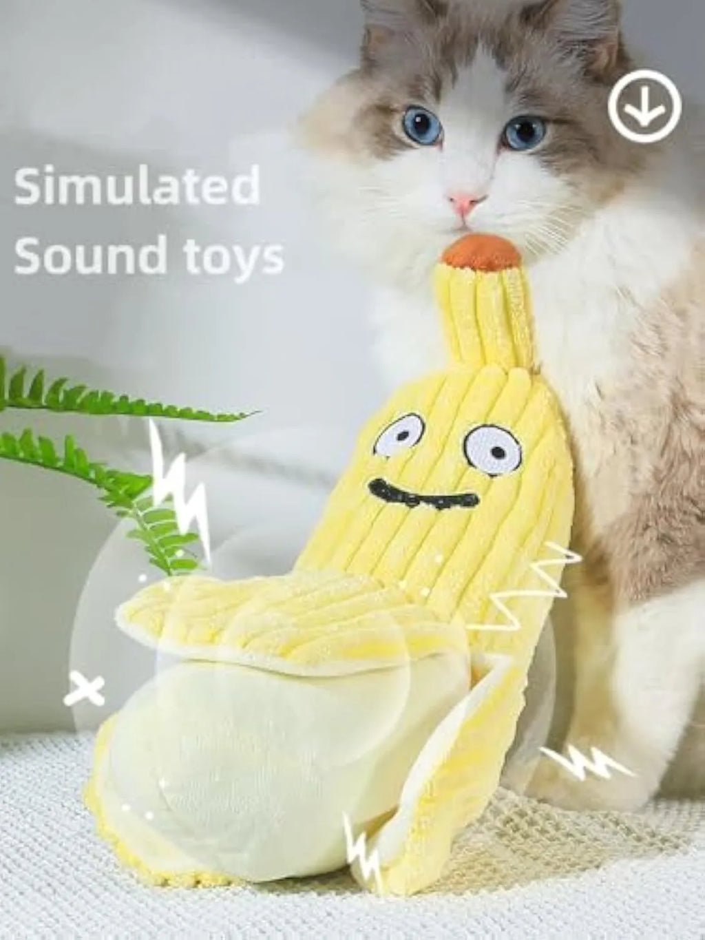 Yellow banana shaped plush cat toy with crinkle sound paper inside.