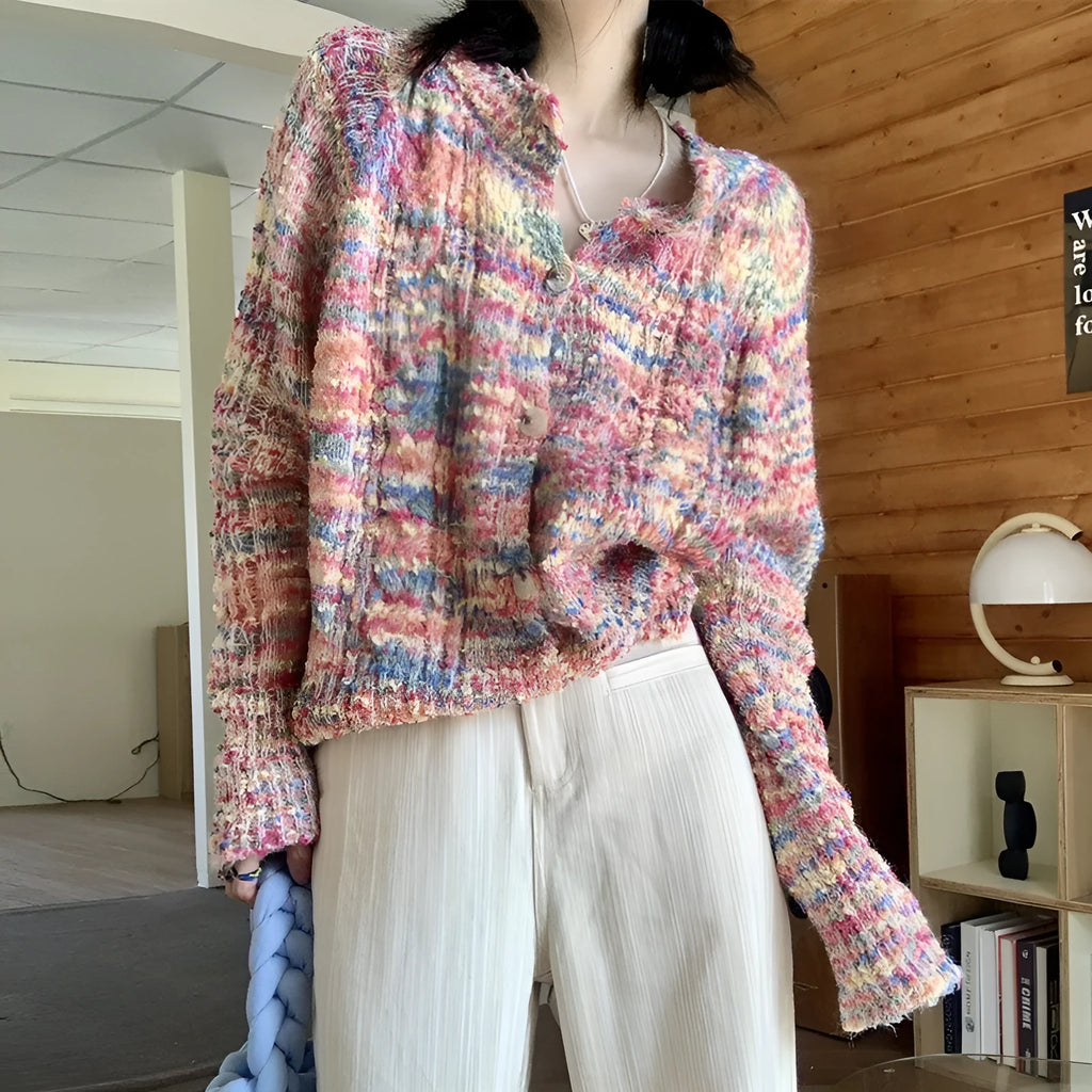 Retro style knitted cardigan in pink and green colours with slim fit design