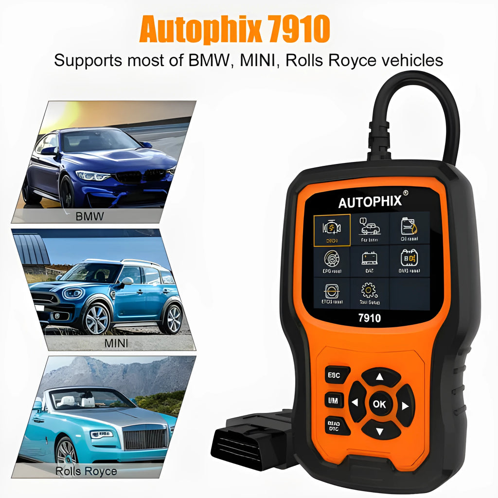 Autophix 7910 automotive diagnostic scanner for BMW vehicles with OBD2 connector