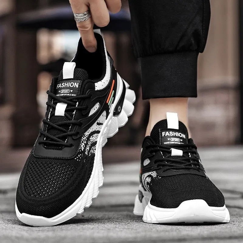 Men's white blue and black platform casual running shoes with mesh upper and cross shoulder straps